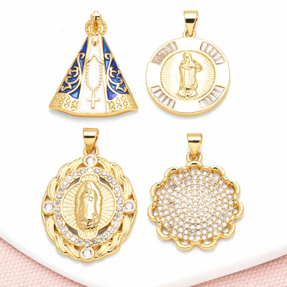 OCESRIO Blue Enamel Virgin Mary Pendant for Necklace Copper Gold Plated Crystal Round Handmade Jewelry Making Supplies pdta050