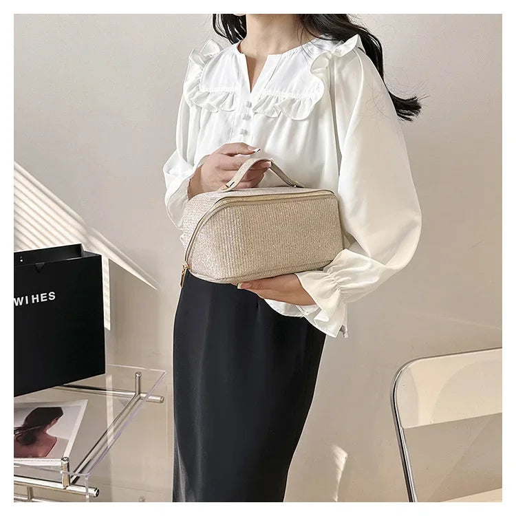 Sac à cosmétiques, grande capacité, design à paillettes fines, sac de toilette léger et pratique