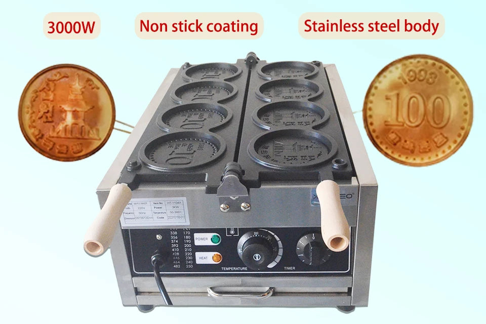 XEOLEO Commerical 4PCS Korean Coin Waffle Maker 3000W Non-stick Coating Gold Coin Bread Waffle Making Maker Electric/Gas