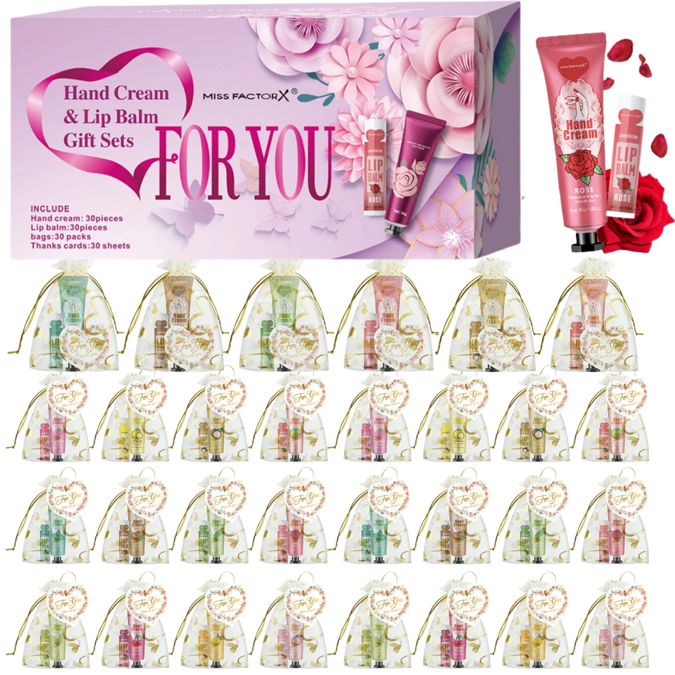 Gift set 30 sets/box hand cream and lip balm set for guests bridal wedding gift with love mesh bag and thank you card