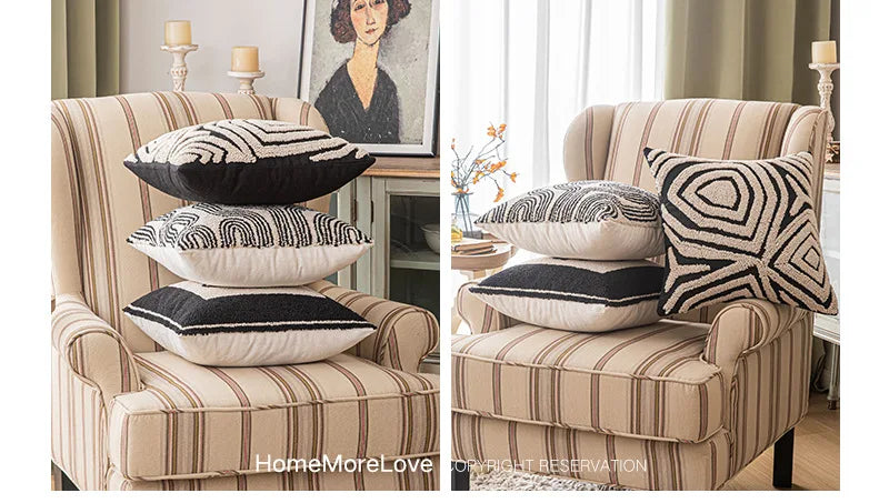 New Geometric Abstract Embroidered Cushion Cover Modern Beige Black Fully Tufted Pillowcase Home Decorative Pillows for Sofa