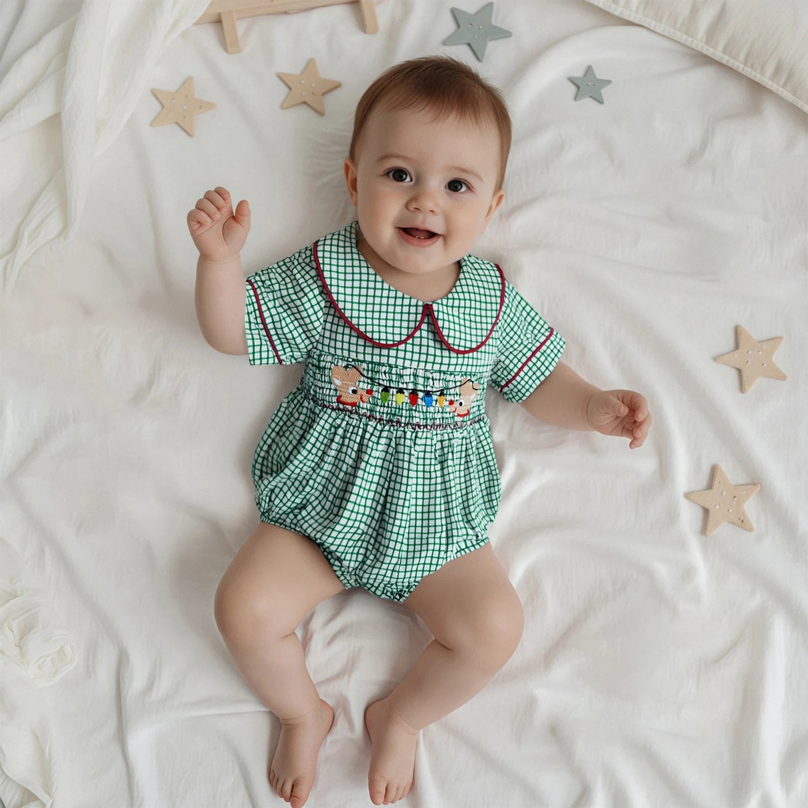 0-18M Infant Baby Girls Boys Christmas Romper Plaid Print Lamp String Embroidery Short Sleeve Doll Collar Bodysuit/Tank Jumpsuit