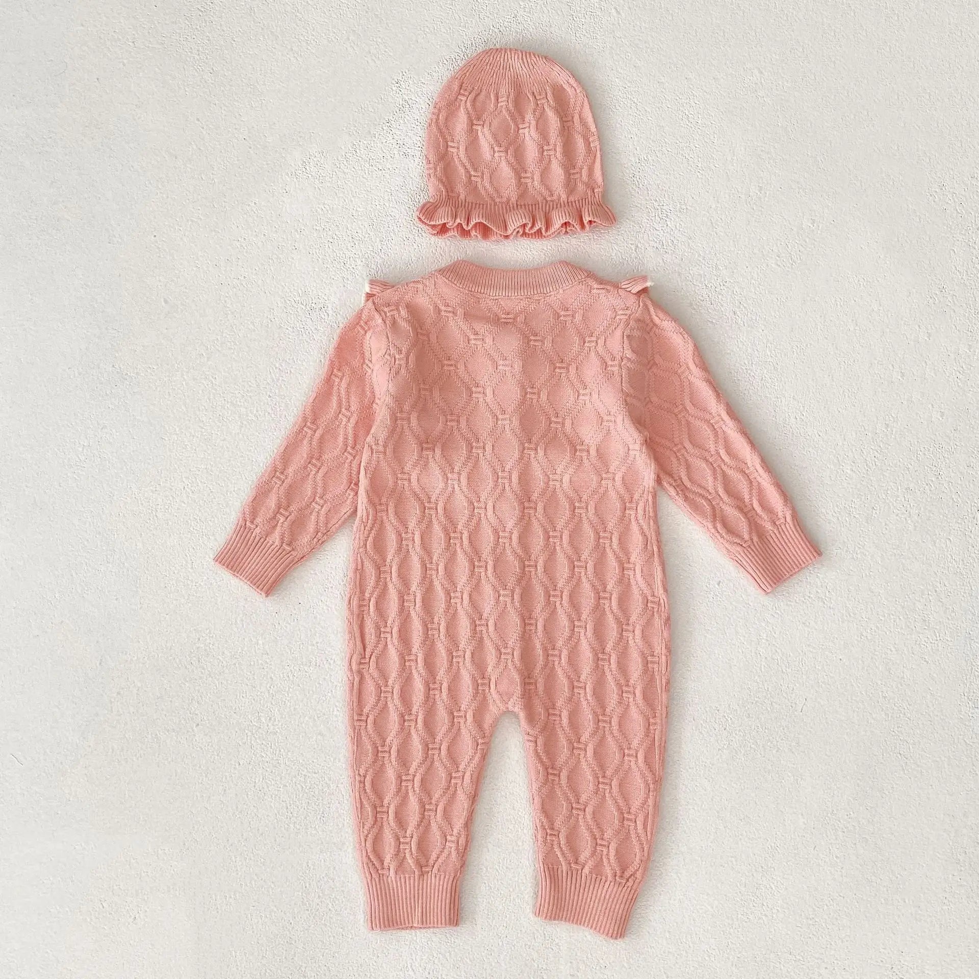 Christmas Baby Rompers Clothes Hat Autumn Winter Knitted Bow Newborn Girls Jumpsuits Fashion Solid Plain Toddler Kids Rompers