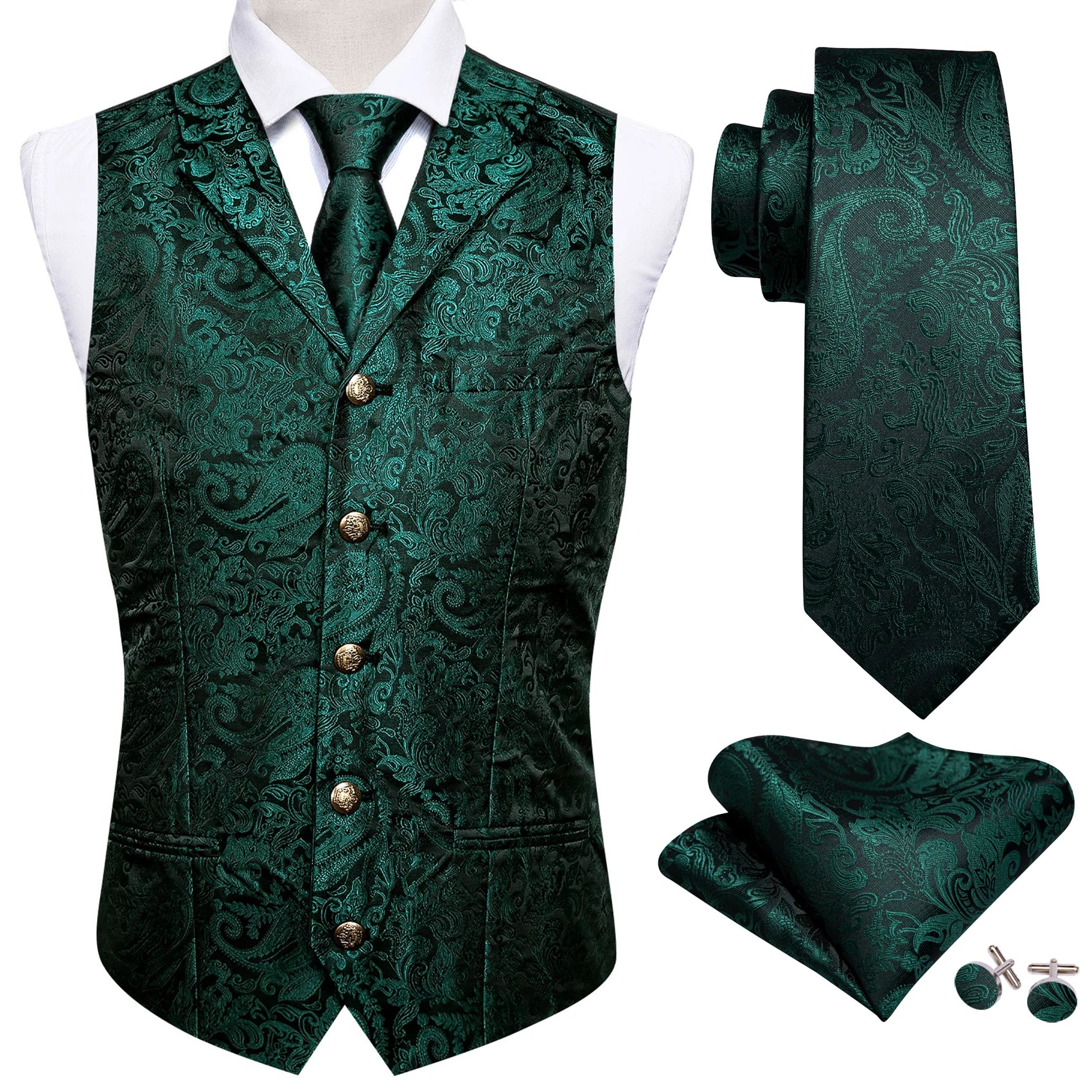 Elegant Vest for Men Silk Green Paisley Plaid Flower Slim Fit Male Suit Embroidered Waistcoat Dress Formal Jacket Barry Wang