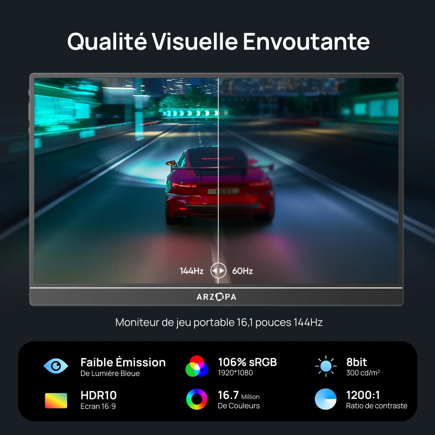 ARZOPA 16.1 inch 100% sRGB 144Hz Portable Monitor Gaming  Laptop Display with Type C Mini HDMI For PS/Steam/Deck/Switch/PC/Mac