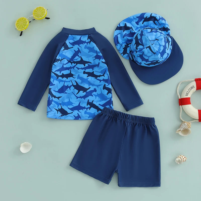 0-36months Toddler Boys Rash Guard Swimsuit Set Animal/Coconut Tree Print Long Sleeve Tops with Shorts and Swim Hat
