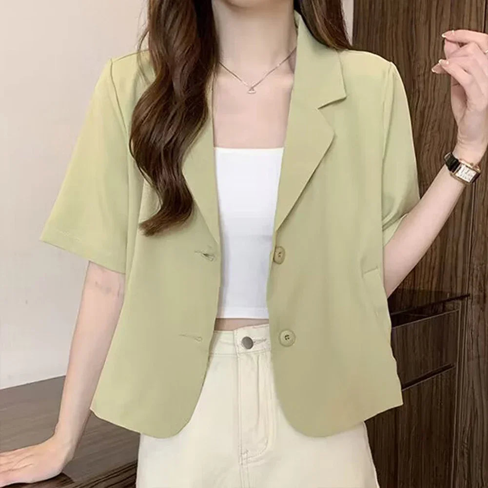 Summer Blazers Classic Women Simple Leisure Loose Korean Style Youth Single Breasted Slight Strech Comfortable Solid Color Tops