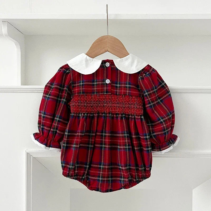 Christmas Infant Baby Girl Romper Autumn Winter Newborn Baby Girl Children Clothes Red Plaid Lapel Long Sleeved Newborn Romper