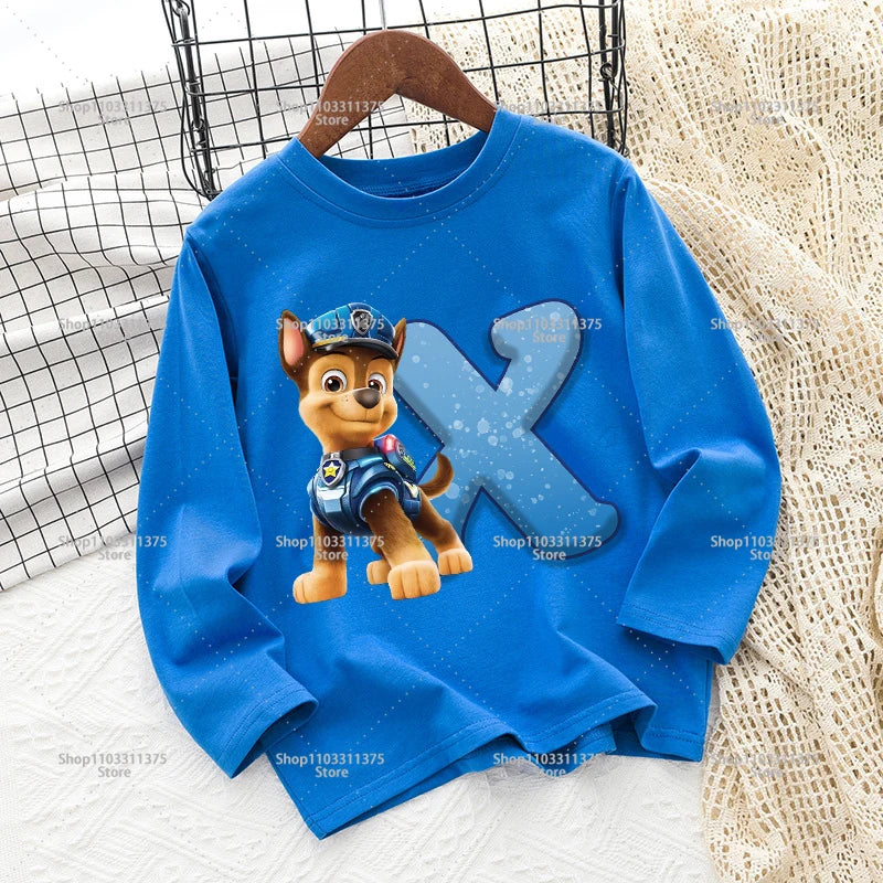 Cute PAW Patrol T-shirt Letter A-Z Print Top Long Sleeve Fashion Summer Boys Clothes Cartoon Kids Birthday Gift Outdoor Wear Tee