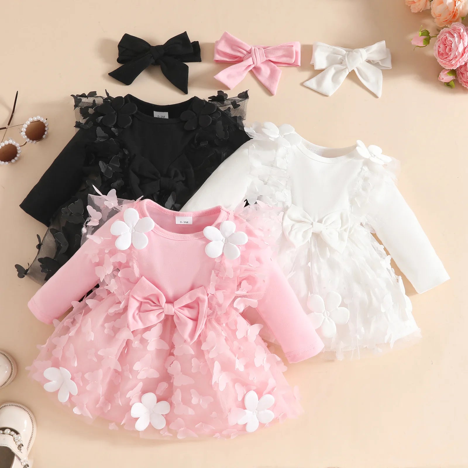 0-2Y Baby Girl Clothes 2Pcs Set Butterfly Tulle Patchwork Bow Baby Dresses for Newborn Girls and Headband Princess Party Outfit