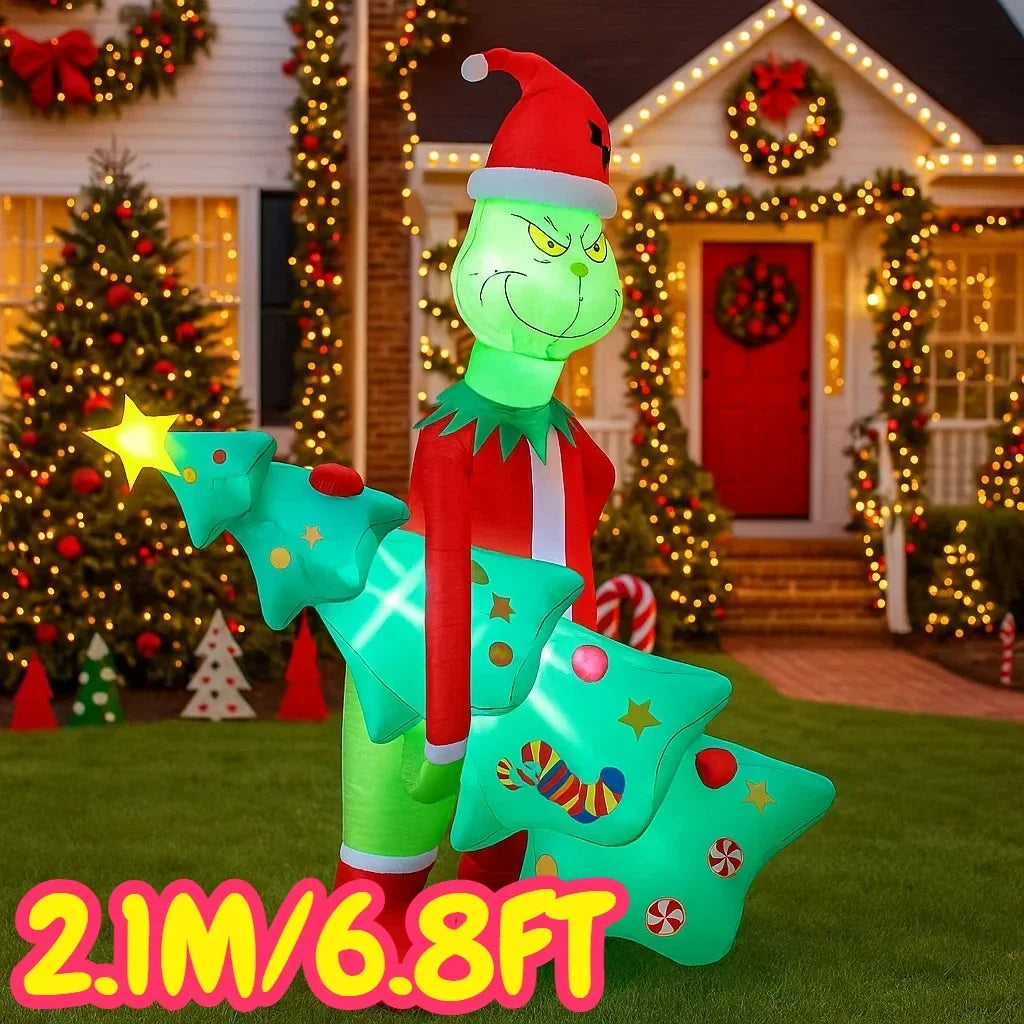 2.1M/6.8FT Christmas Decorations Inflatable Toy Grinch Holding Christmas Trees Home Yard LED Light Decor Christmas Party Toy