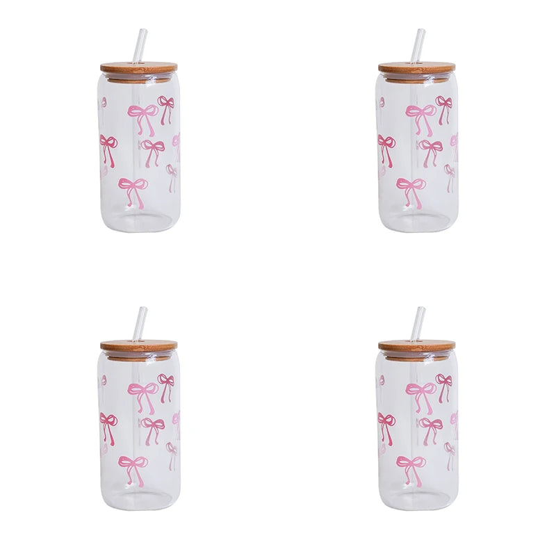 1/2/4/6Pcs Glass Bow Printed Glass Cup with Lid and Straw, Exquisite High-End Bow Glass Cup for Home Decoration, Family Daily Drinking Cup, Outdoor Picnic Cup, Party Cup, Breakfast Milk Cup, Gift Giving