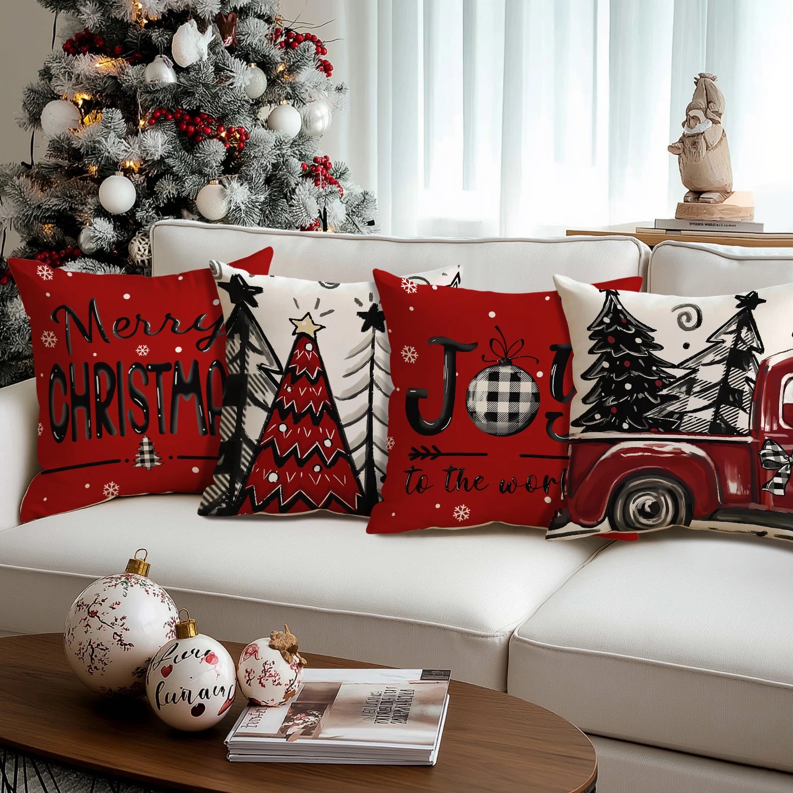 1/4pcs Retro Christmas Pillowcase, Christmas Ball, Christmas Tree, Retro Truck Design, Cushion Cover, Christmas Decorations