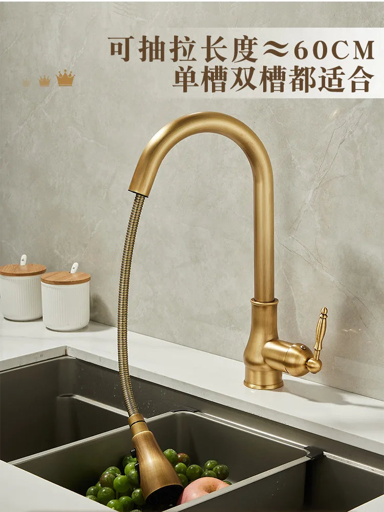 Antique Brass Kitchen Faucet Pull Out Spout Kitchen Faucets Black Single Hole Swivel Hot Cold Water Kitchen Mixers Taps