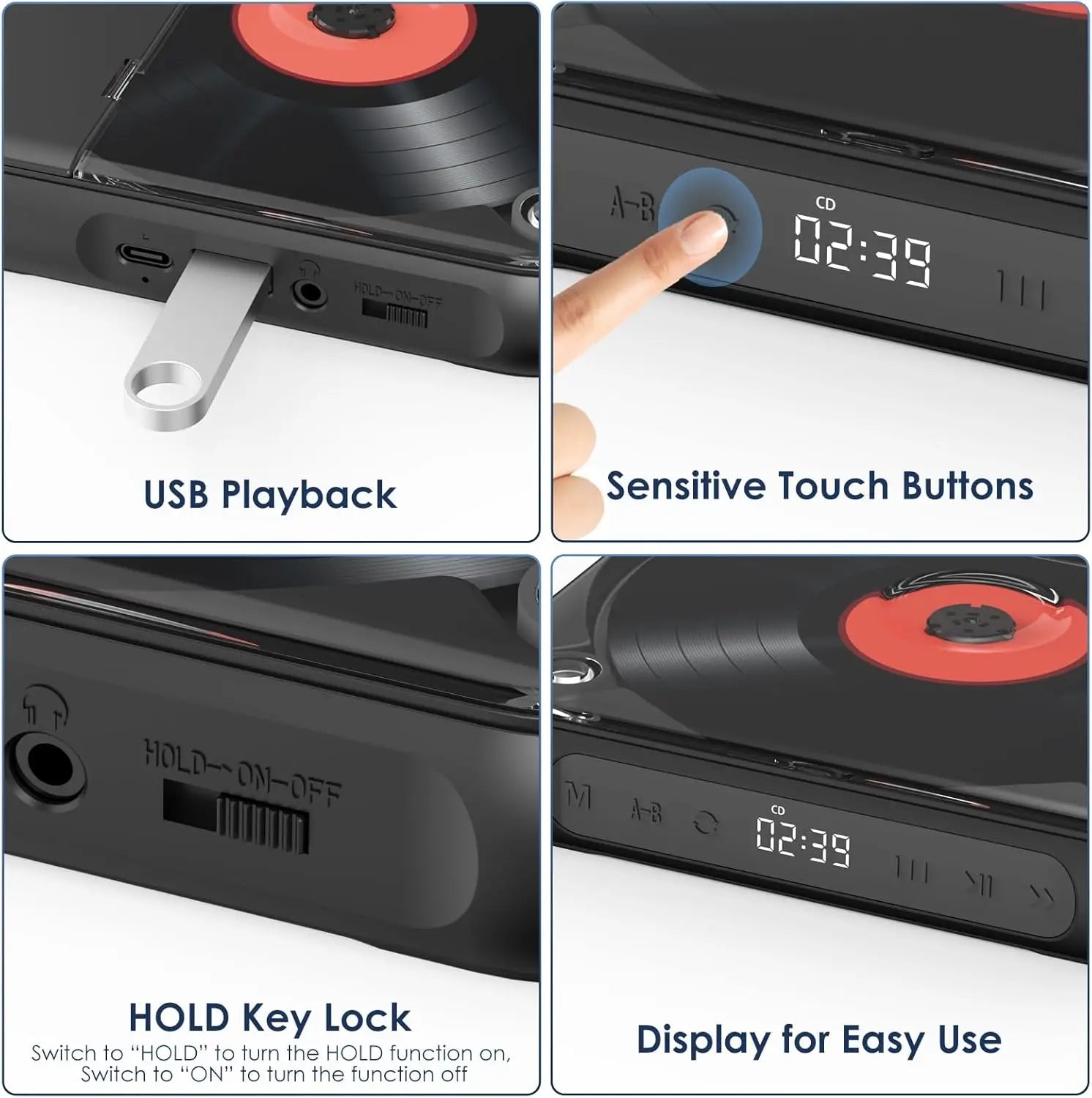 Portable Bluetooth CD Player USB-C Quick Charging gift for Study Music Grandparents Black