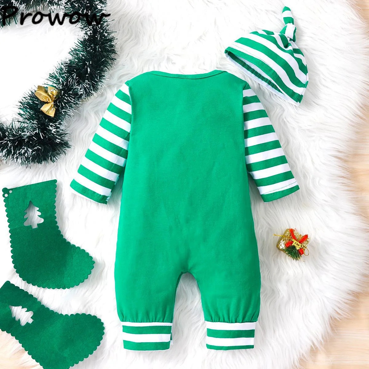 Prowow Baby Christmas Clothes 2025 Cartoon Pattern Green Romper Xmas Jumpsuit For Kids Newborn New Year Baby Costume Boy Girls