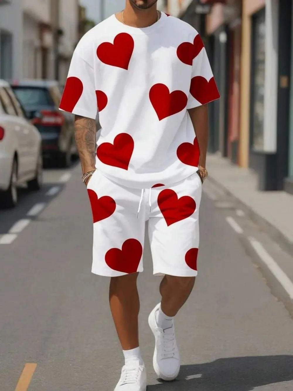 Men's 3D printed round neck short sleeved breathable and comfortable round neck T-shirt shorts set outdoor casual two-piece set