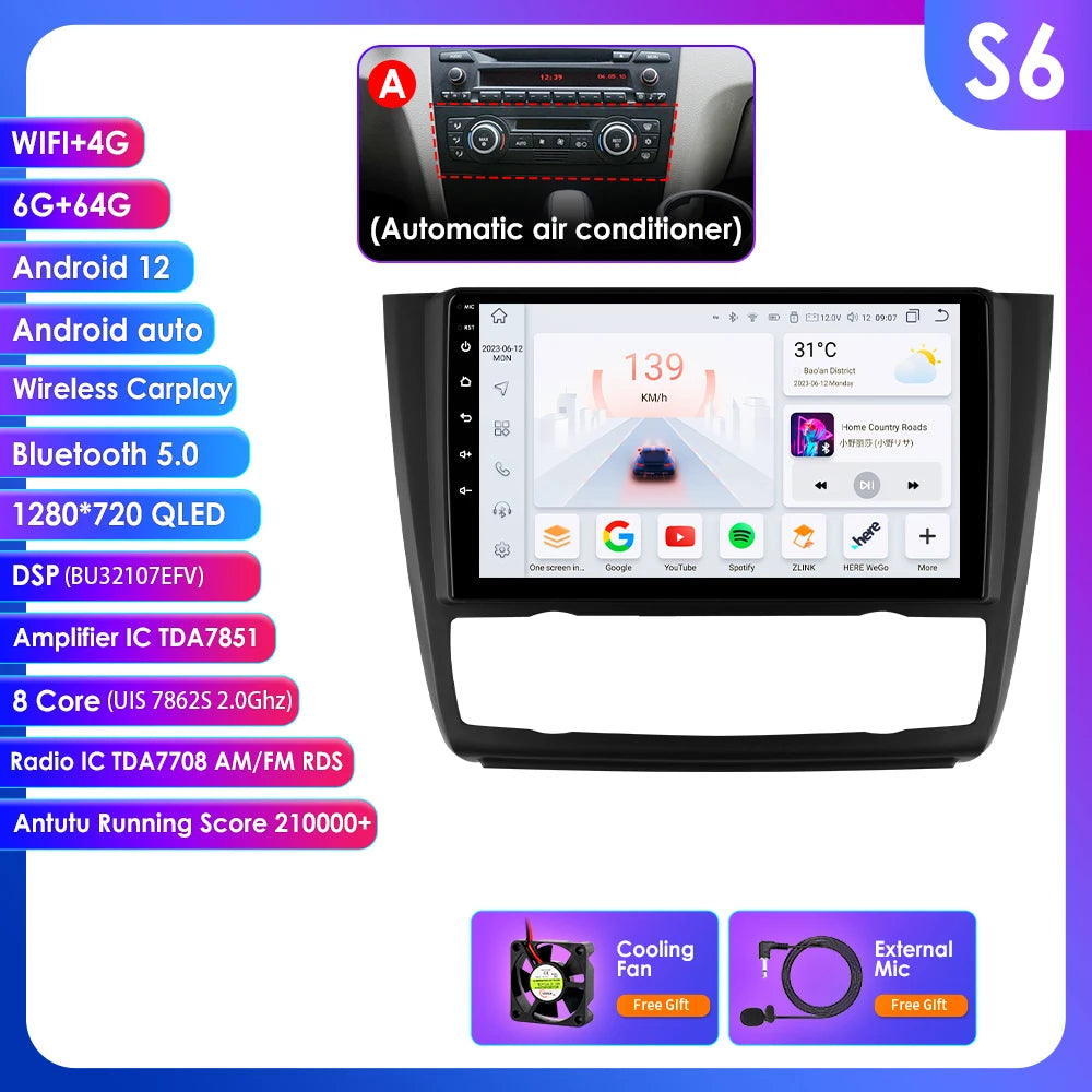Hizpo 9inch 2Din Android13 Car Radio for BMW 1 Series E81 E82 E87 E88 AT MT Navigation GPS RDS DSP Android Auto CarPlay 360° CAM