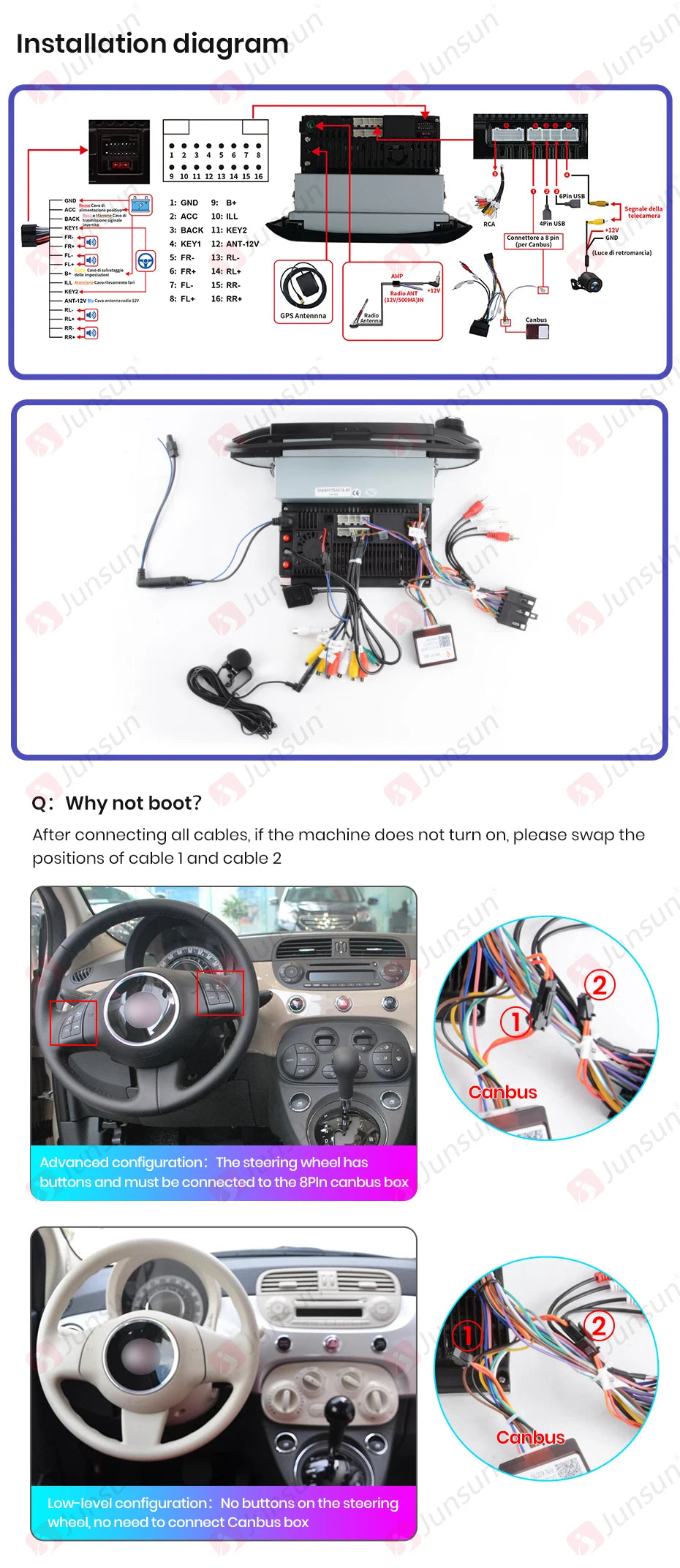 Junsun Android13 Car Radio For FIAT 500 500C Abarth 2007-2015 Car Smart Systems For Apple Carplay FM GPS SWC BT