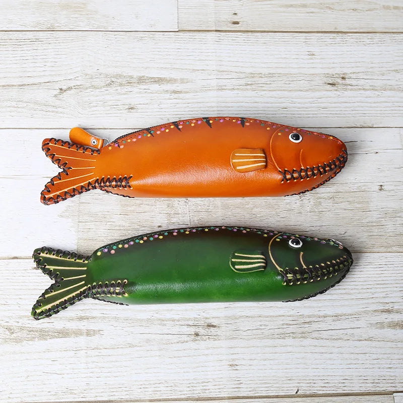 Head Layer Cowhide Creative Pencil Case Salted Fish Flip Storage Bag Personalized Fish Zero Wallet Storage Gift Giving Work Gift