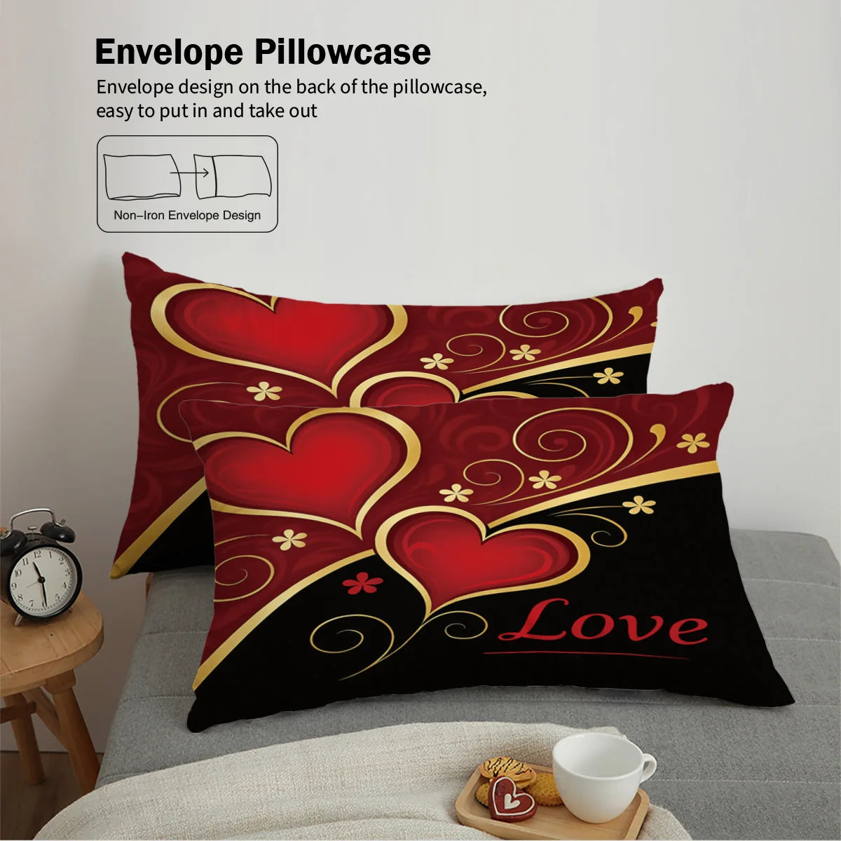 3pcs (1 duvet cover, 2 pillowcases, coreless), black and red Valentine's Day heart, Love design printed pattern bedding set