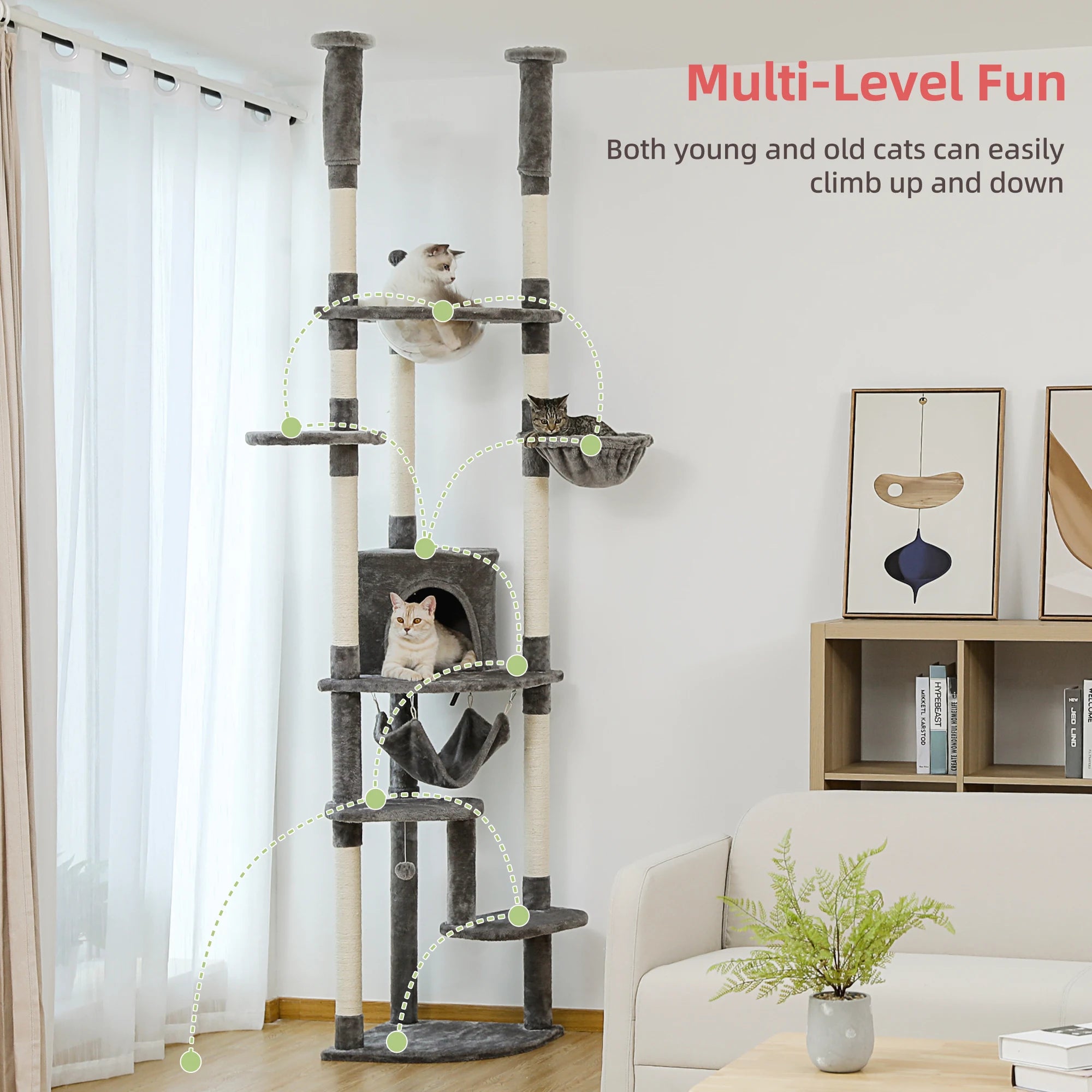 Floor to Ceiling Cat Tree Adjustable Cat Tower Tall Kitty Climbing Play House with Scratching Posts Cozy Condo Perches Hammock