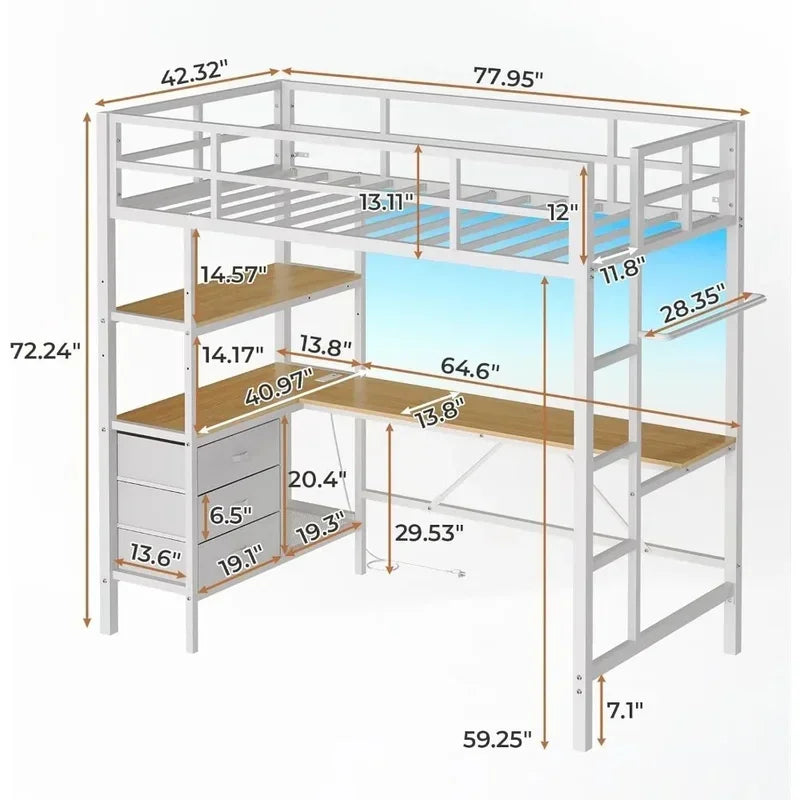 Lit mezzanine avec bureau en forme de L, lumières LED, station de recharge, étagères de rangement et tiroirs en tissu, ensemble de chambre à coucher, meubles de lits superposés