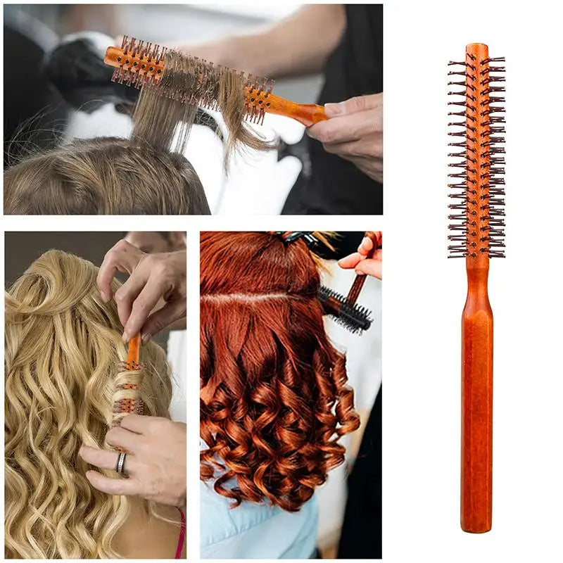 Bristle Wooden Curly Hair Comb Natural Boar Bristle Rolling Brush Round Barrel Blowing Curly Hairbrush Hair Styling Tool Barber