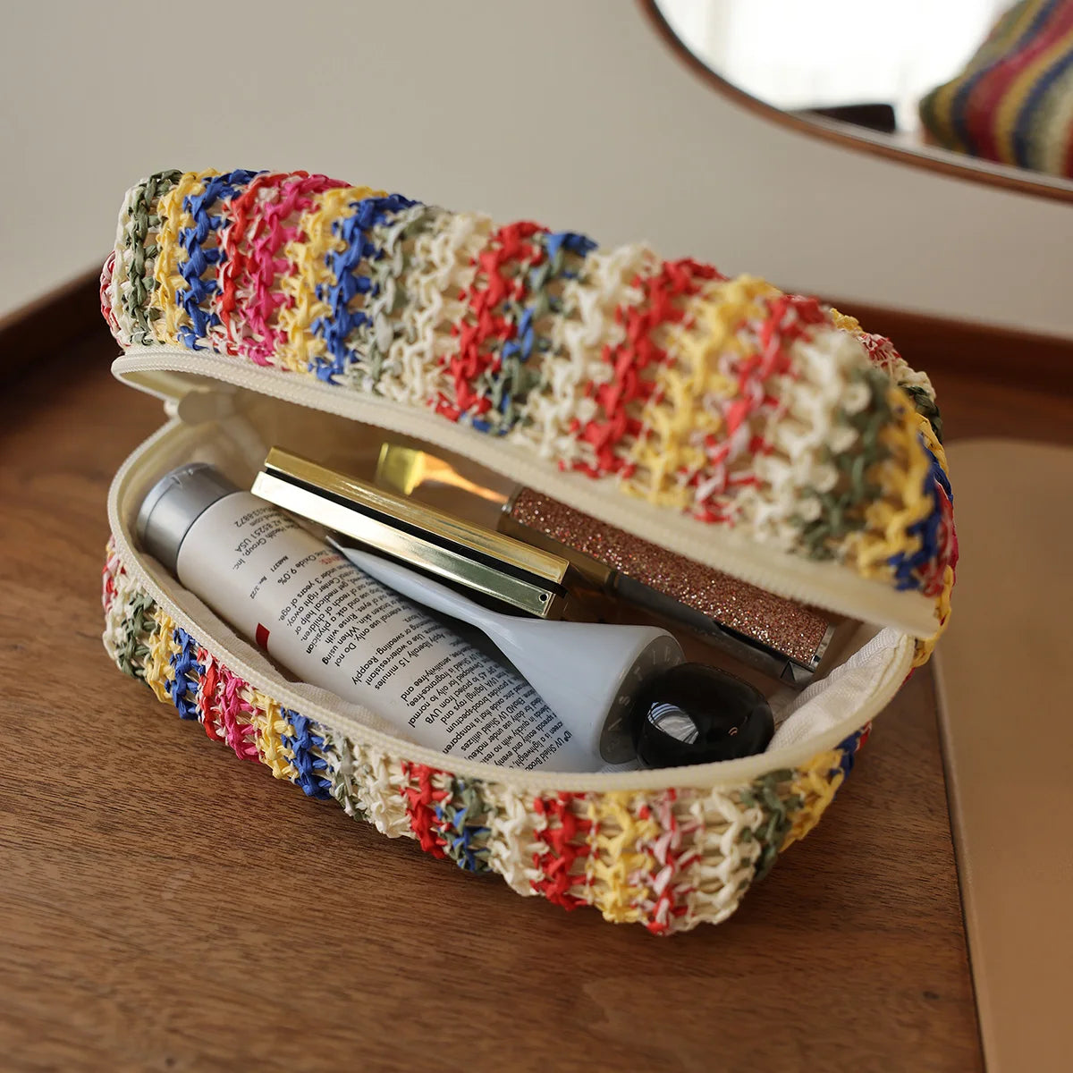 Colorful Knitted Cosmetic Bag Travel-Friendly Handbag Toiletry Pouch Women's Cosmetics & Skincare Organizer On-the-Go Bag-in-Bag