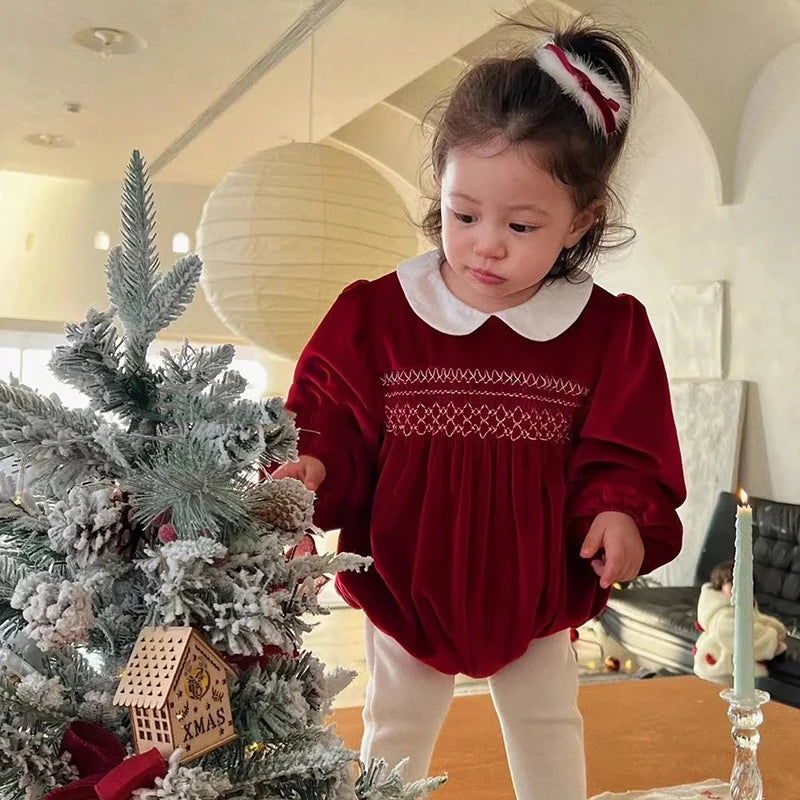 2025 Christmas 0-24M Baby Girls Jumpsuit Casual Bow Embroidered Long Sleeves Newborn Romper Christmas Party Toddler Cute Clothes