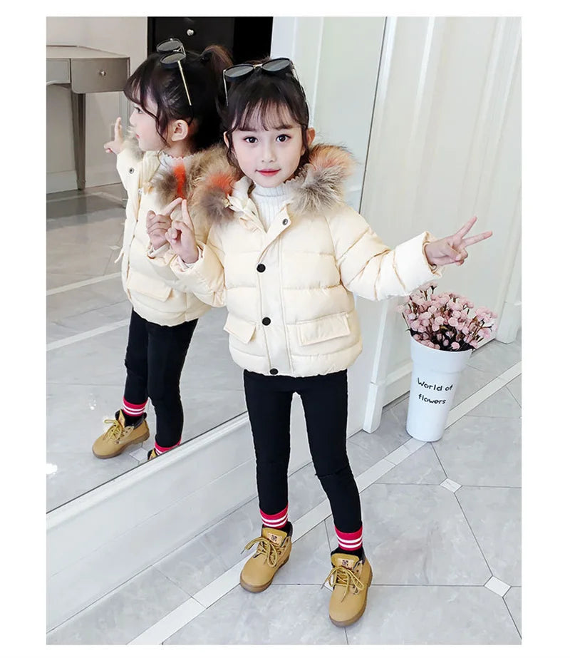 Baby Girl Boy Warm Outerwear 2023 Winter New Children Down Jacket Big Fur Collar Coat Kids Clothes Solid Thicken Girl Boy Jacket