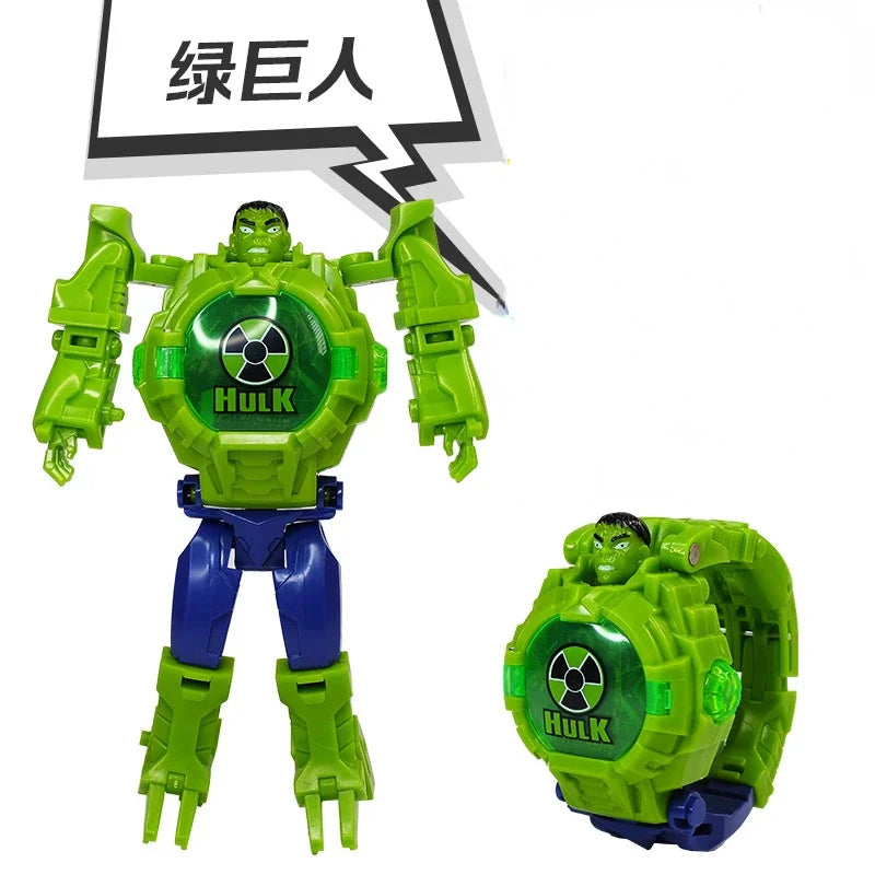 2026 Hot Marvel Iron Man Spiderman Cartoons Children's Watch Deformation Robot 3d LED Luminous Watch Children's Model Toy Watch