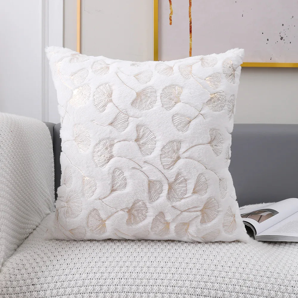 Golden Printed Ginkgo Leaf Pillow Cover 45*45cm 30*50cm Decorative Pillowcase for Living Room Luxury Plush Fur Cushion Covers