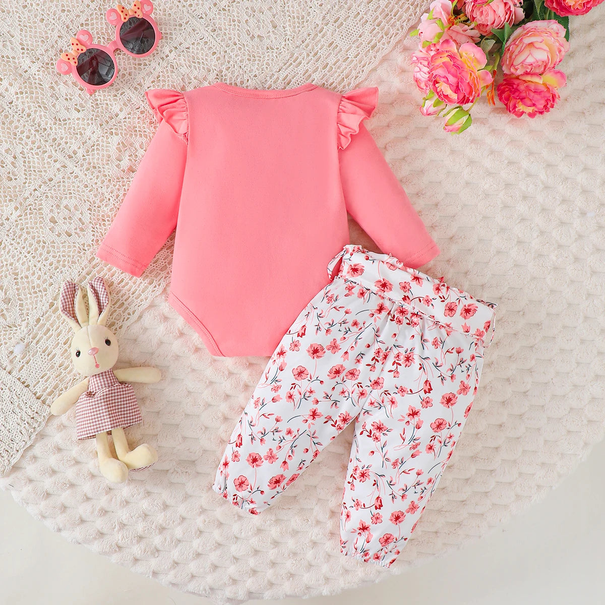 4pcs Baby Girl Cartoon Rabbit Long Sleeve Jumpsuit+Small Floral Pants+Hairband+Belt Set 0-18 Months Baby Girl Spring  Autumn Set