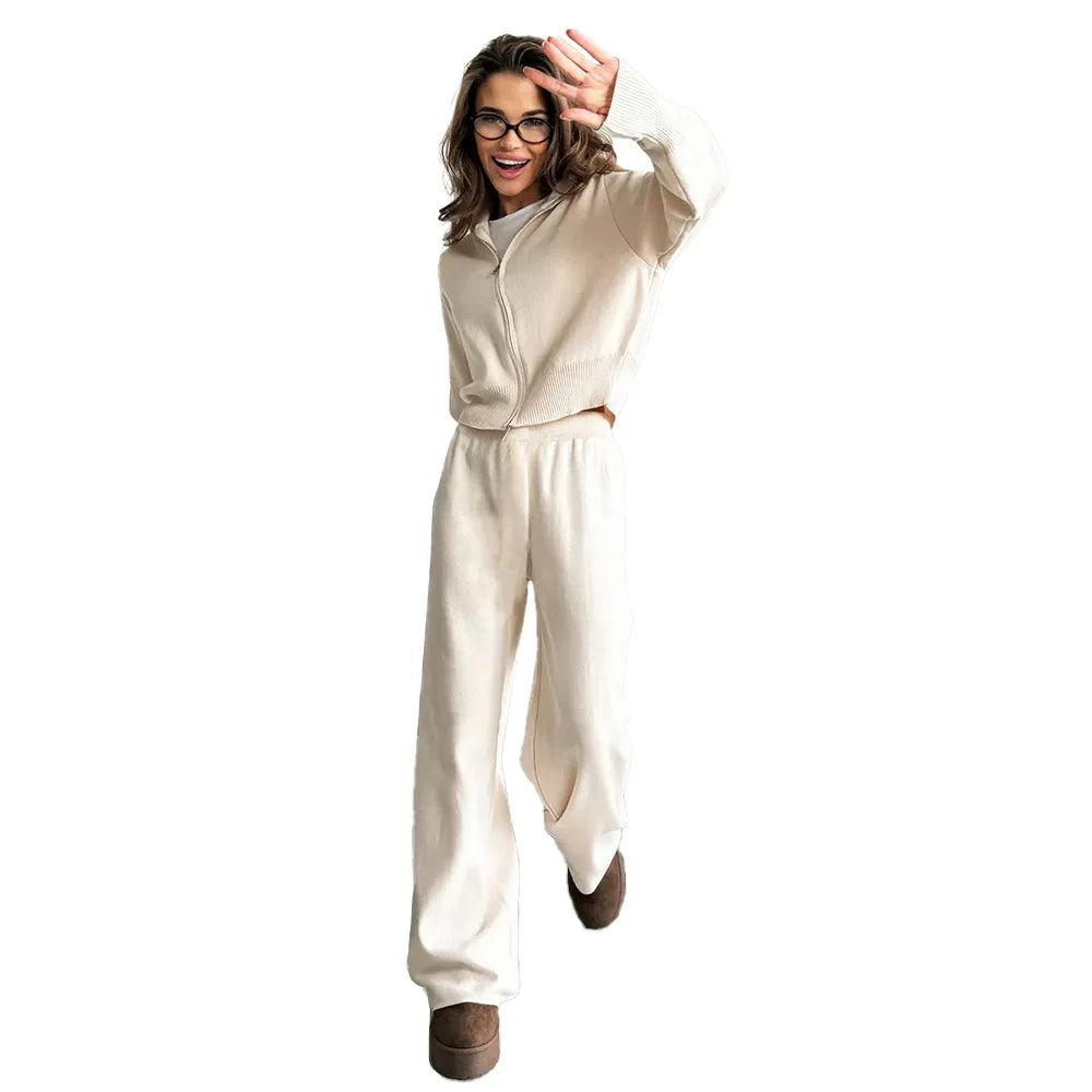 Zipper Front Knitted Long Sve Wide Leg Pants Two Piece Set for Women Autumn Winter Pure Color Faion Ensemble