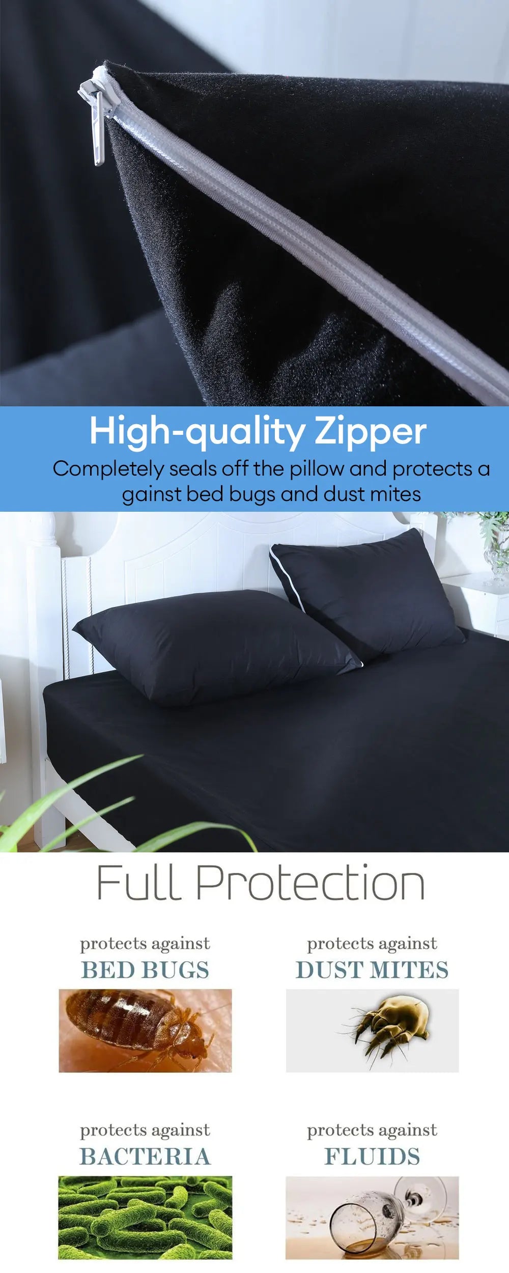 2pcs Solid Waterproof Pillow Protector Bedbug Proof Zipper Pillowcases Microfiber Fabric Pillow Cover