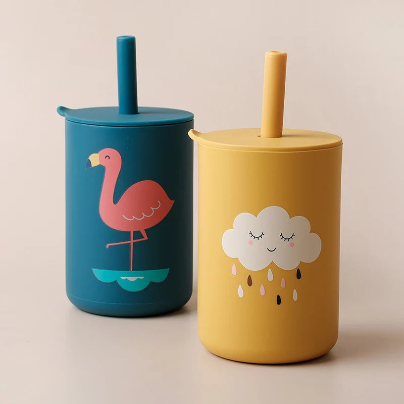 Baby Feeding Drinkware Straw Cup Baby Cartoon Learning Feeding Cup Food Grade Silicone Toddler Water Bottle Tableware BPA Free