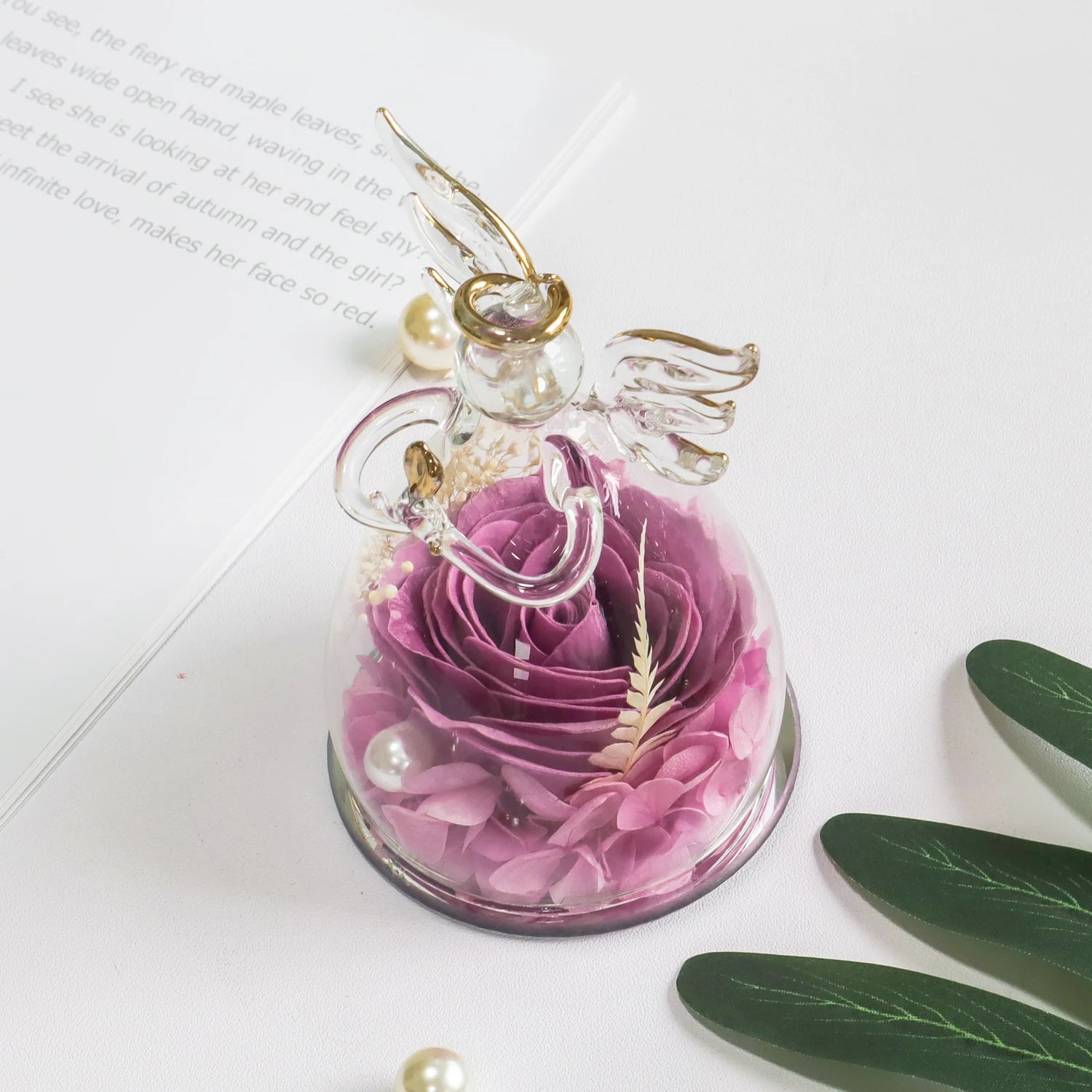 Gifts for Girlfriend 4.33" Soap Rose In Angel Glass Dome Artificial Flower Christmas Valentine Love Thank You Gifts for Women