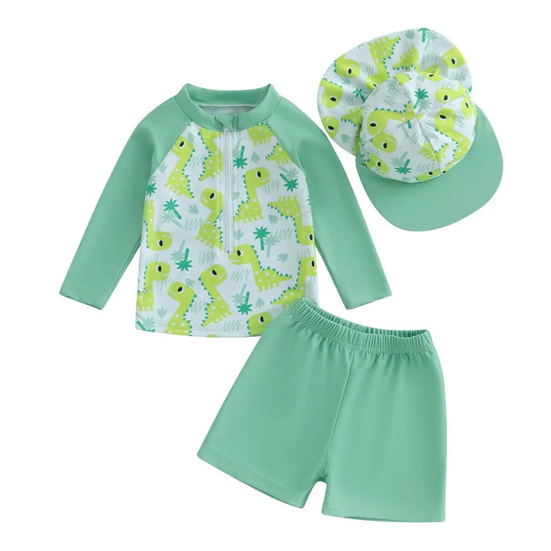 0-36months Toddler Boys Rash Guard Swimsuit Set Animal/Coconut Tree Print Long Sleeve Tops with Shorts and Swim Hat