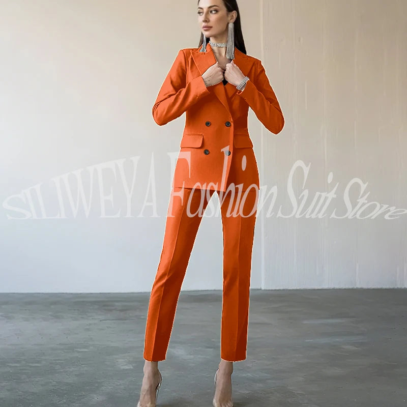 Fashion Chic Burgundy Red Purple Women Suit Double Breasted 2 Piece Jacket Pants Blazer Set Slim Fit Office Lady Female Clothing