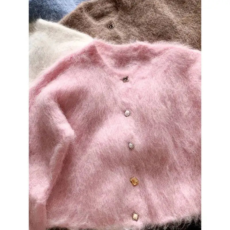 Winter Alpaca Wool Knitted Cardigan Women Soft Round Neck Single Breasted Loose Button Sweater Coat