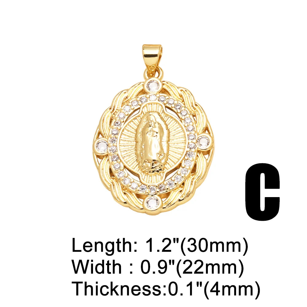 OCESRIO Blue Enamel Virgin Mary Pendant for Necklace Copper Gold Plated Crystal Round Handmade Jewelry Making Supplies pdta050