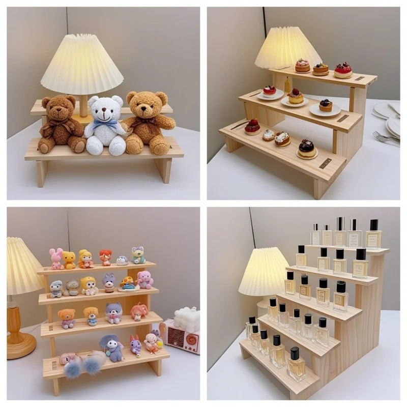 2-5 Tiers Wooden Display Rack Cosmetic Perfume Display Stand Doll Toys Stepped Desk Storage Home Desktop Organization