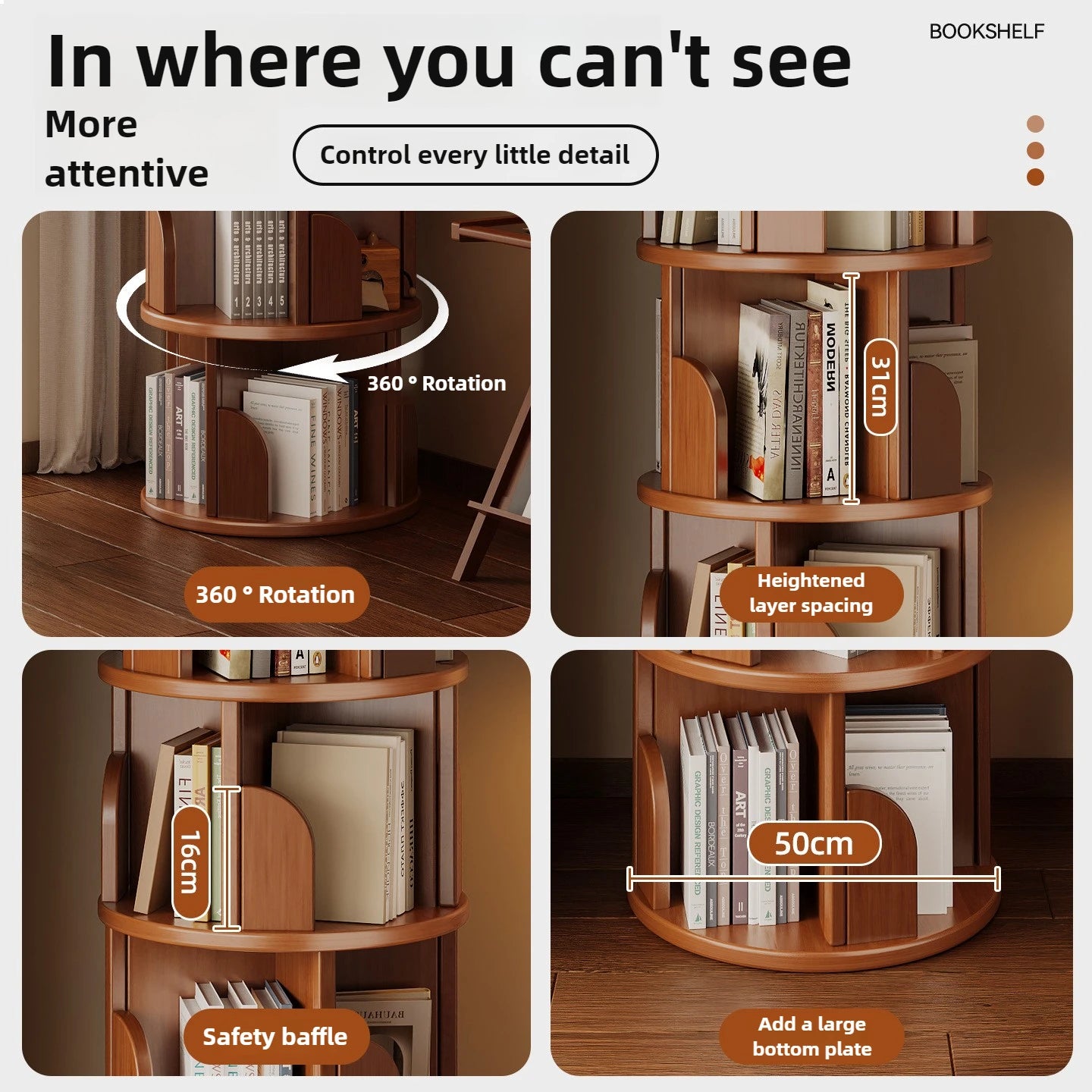 360 °   Bibliothèque rotative – Armoire de rangement mobile pour la maison et le salon
