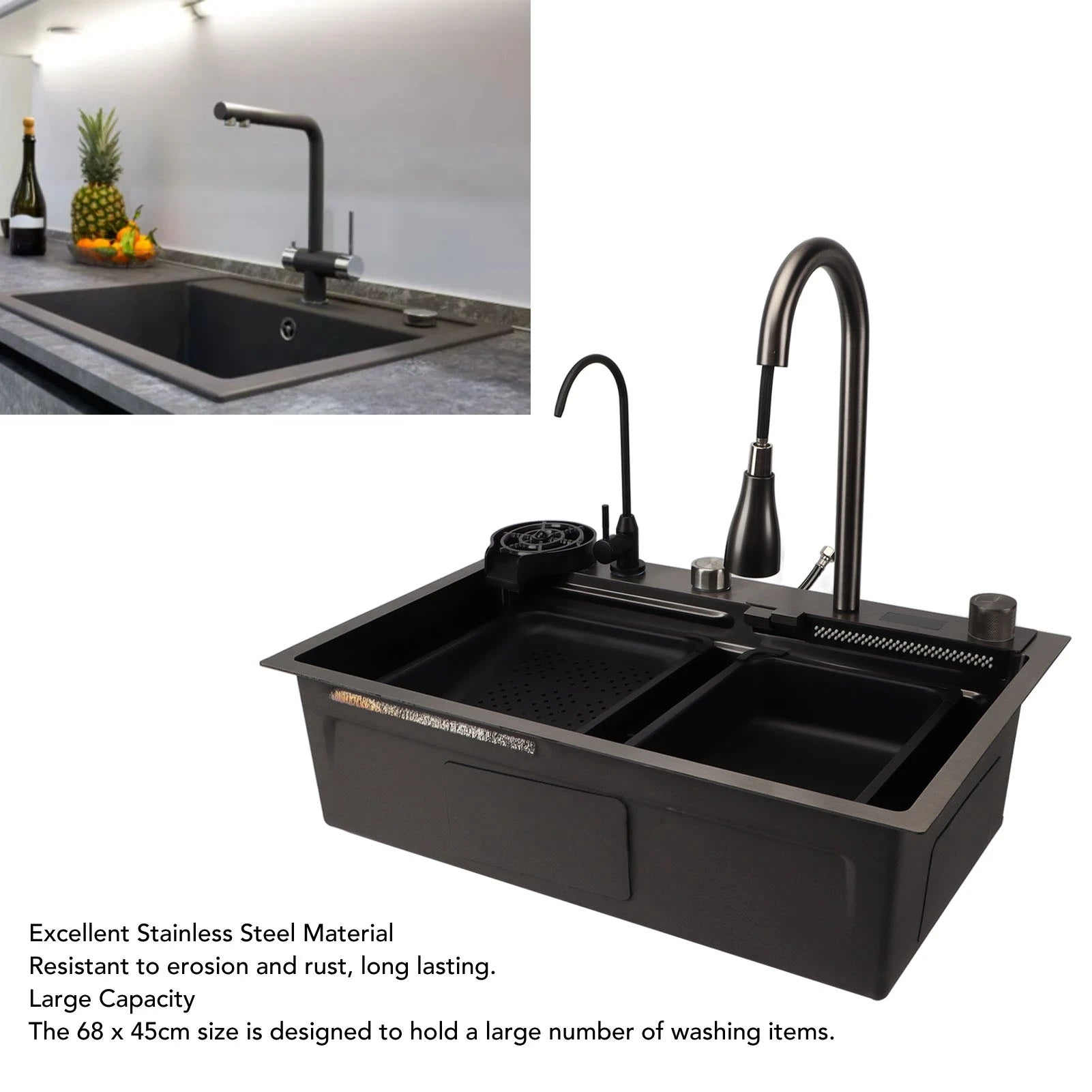 Kitchen Sink Digital Display Workstation Under Counter Kitchen Sink Basin 68x45cm Thickened Stainless Steel Kitchen Sink
