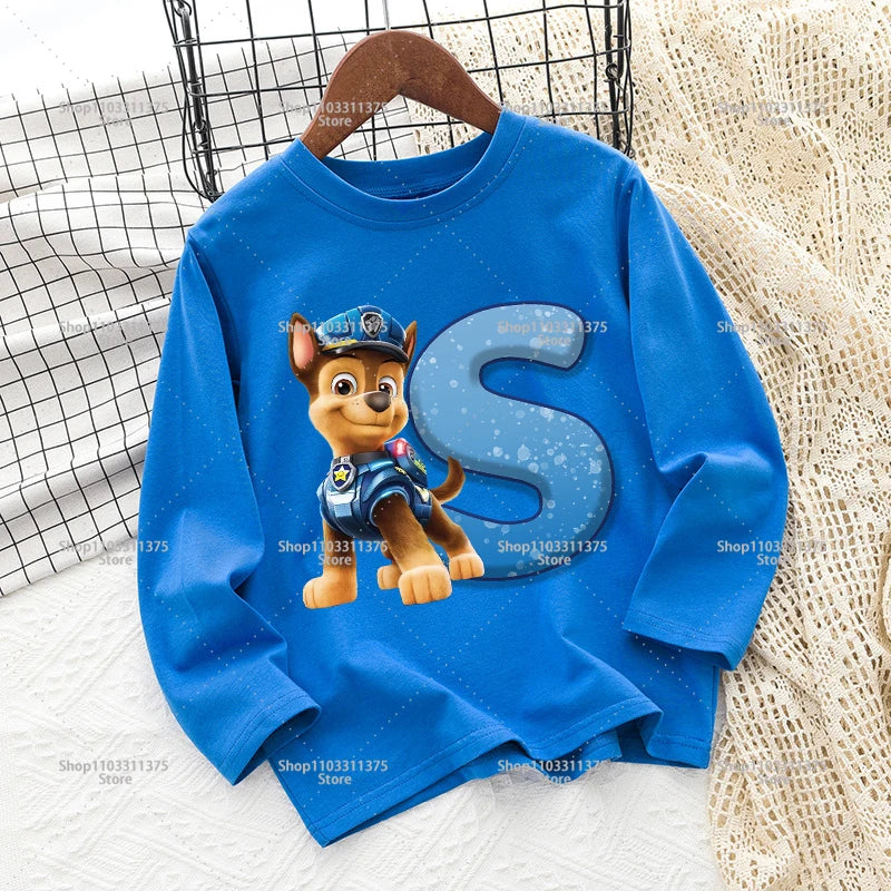Cute PAW Patrol T-shirt Letter A-Z Print Top Long Sleeve Fashion Summer Boys Clothes Cartoon Kids Birthday Gift Outdoor Wear Tee
