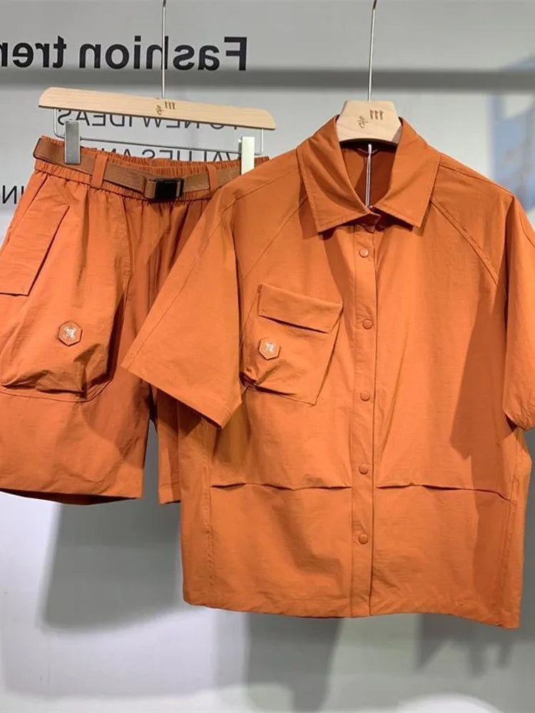 Summer Fashion Trend Solid Color American Cargo Short Sleeve Shorts Set Men's Casual Loose Large Size High-Quality Two-Piece Set