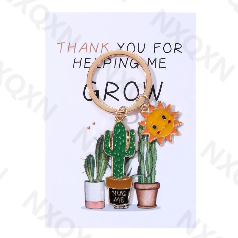 Classic Sun Smiling Face Cactus Enamel Keychain Cartoon Plant Grow Thank You For Teachers Good Gift Handmade Jewelry Set