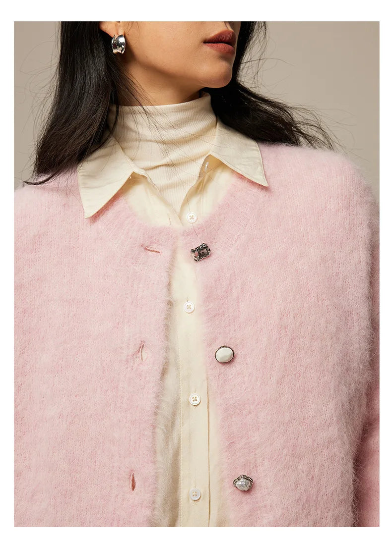 Winter Alpaca Wool Knitted Cardigan Women Soft Round Neck Single Breasted Loose Button Sweater Coat