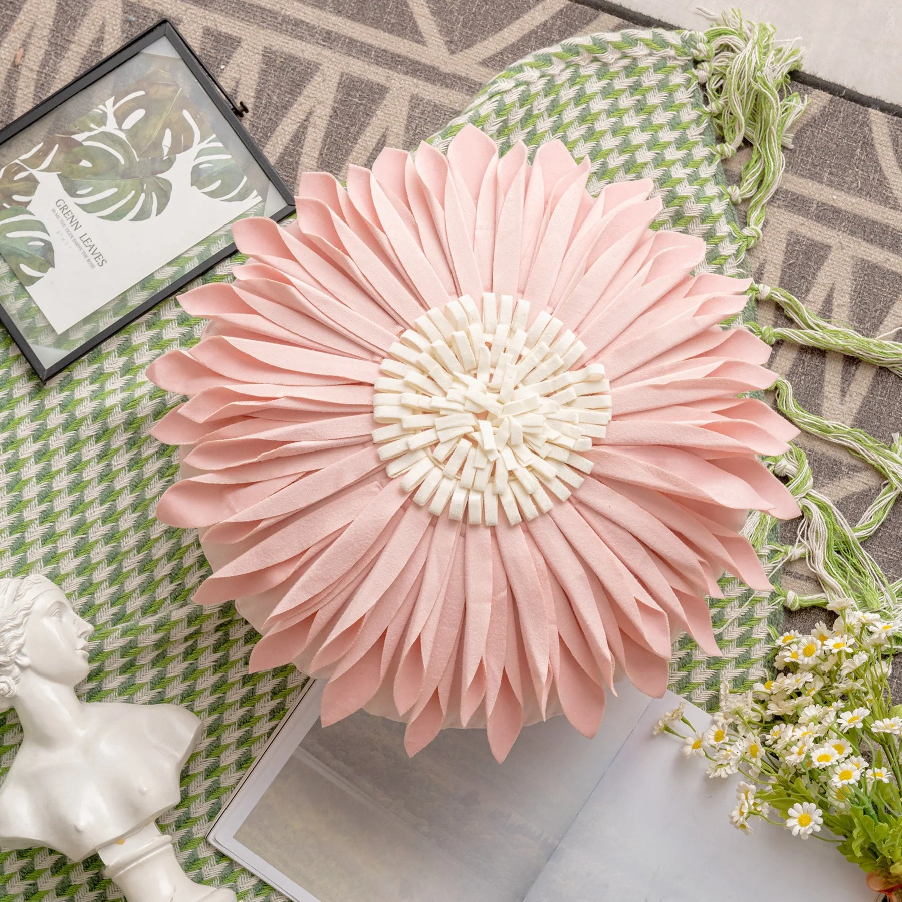 Modern Style Yellow White Throw Pillows Round  45*45 Velvet Stitching 3D Chrysanthemum Cushion Cover Waist Blue Cute Pillowcase